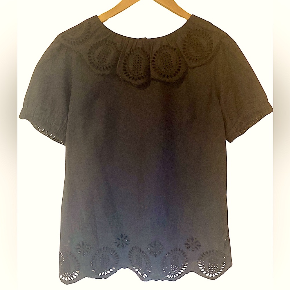 Antik Batik embroidered cotton voile short sleeve black top Medium